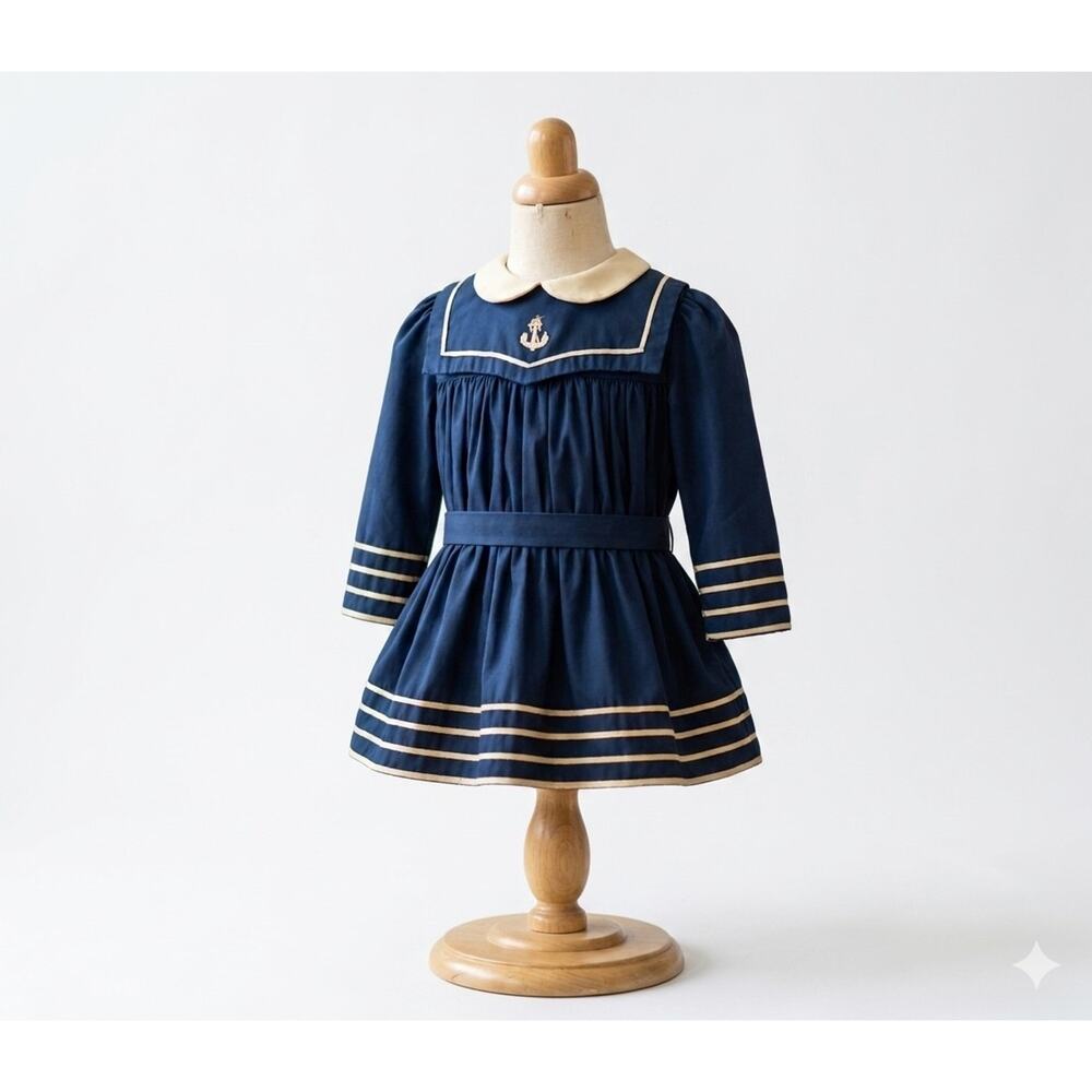Vintage 1970s Nannette Girls 2T Navy Sailor Dress Made USA Anchor